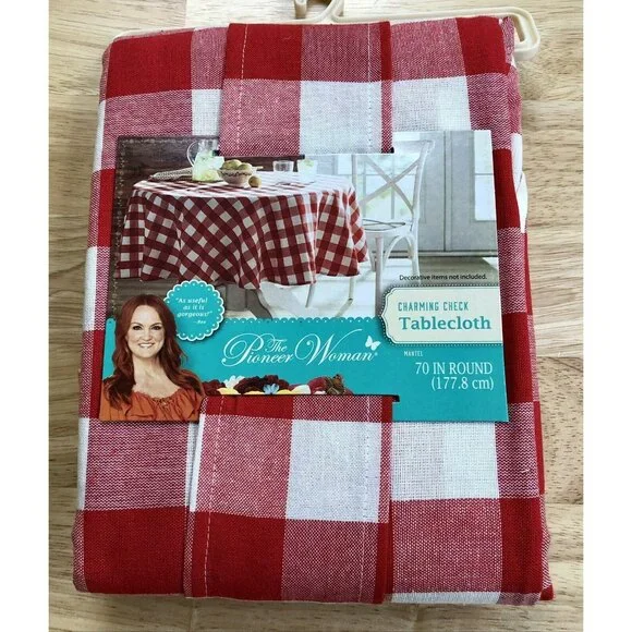 Pioneer Woman Charming Check Tablecloth 70 Inches Round Red White Picnic Country